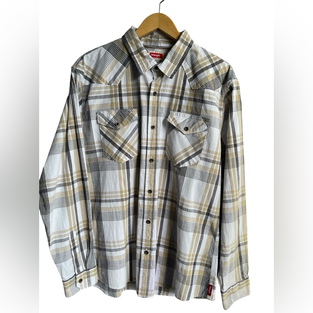 Wrangler Button-up Long Sleeve Tan/Beige Plaid Western Shirt Men’s XL
